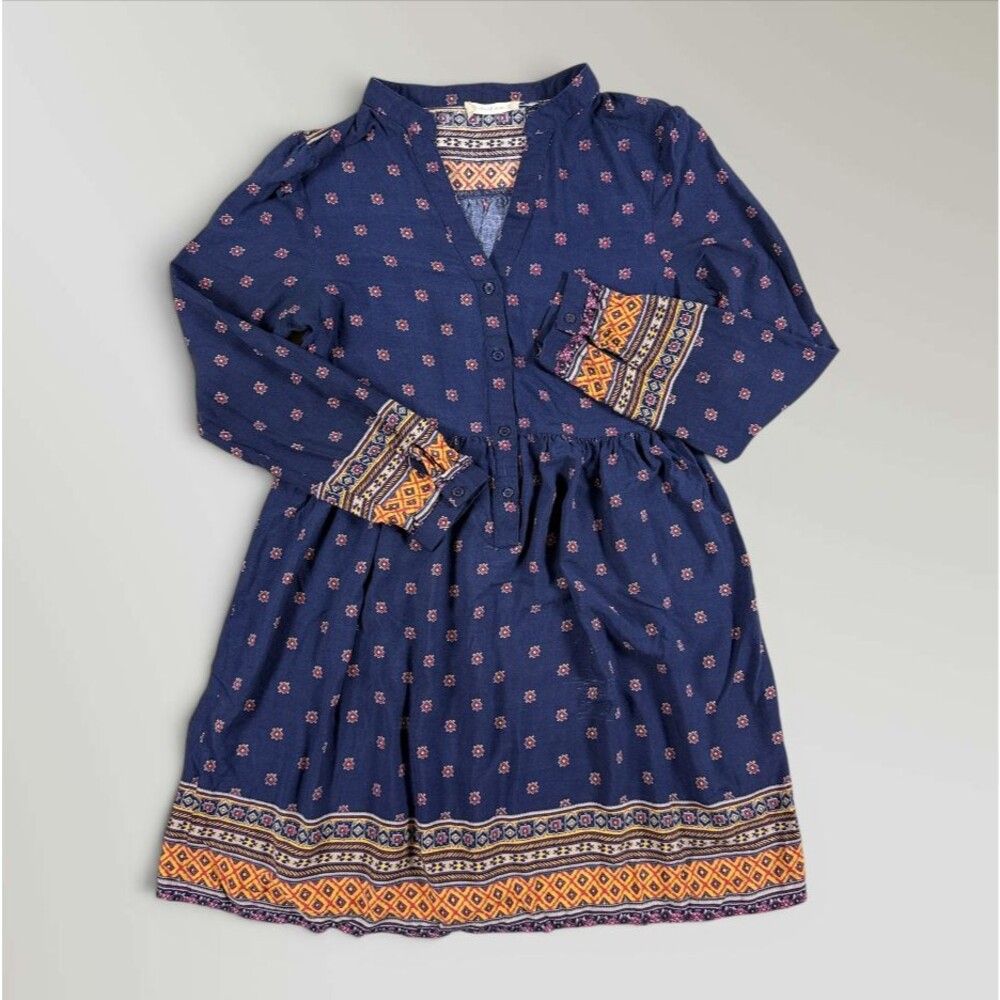 Altar'd State Dress Long Sleeve Navy Geometric Print Boho Cottage Size Small